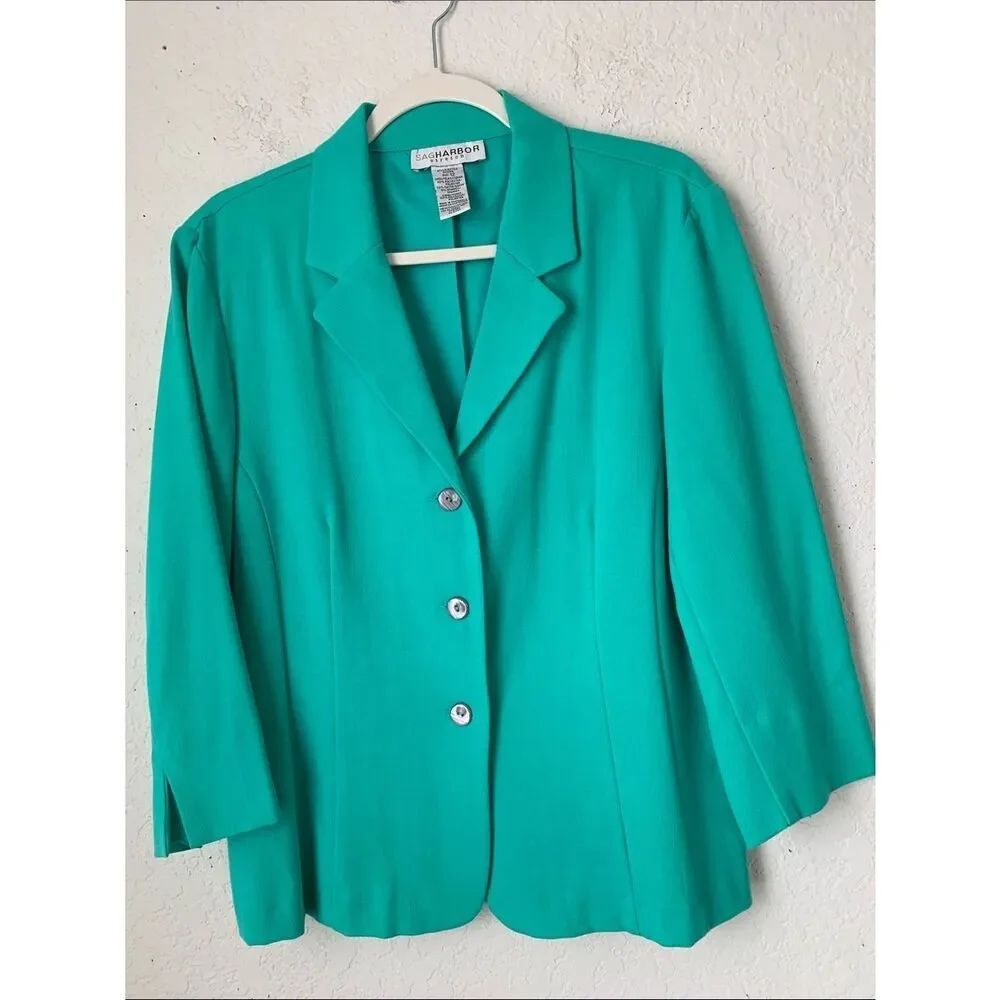 Sag Harbor Women's Teal-Green Three-Button Lightweight Blazer Size 12